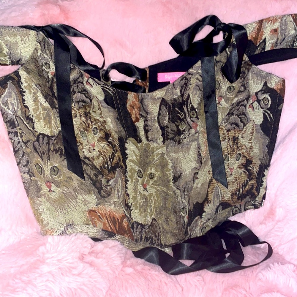 Dolls kill x sugar thrillz pawsitive thinking tapestry corset